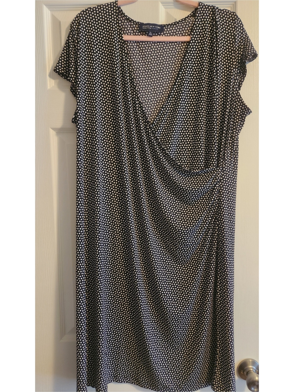 Jones New York Black and White Polka Dot Faux-Wrap Midi Dress